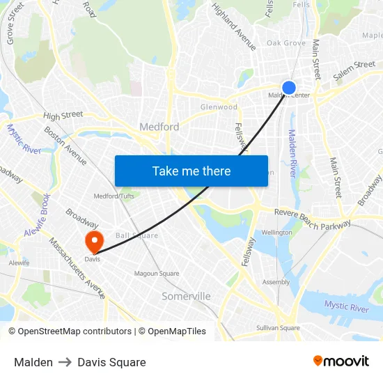Malden to Davis Square map