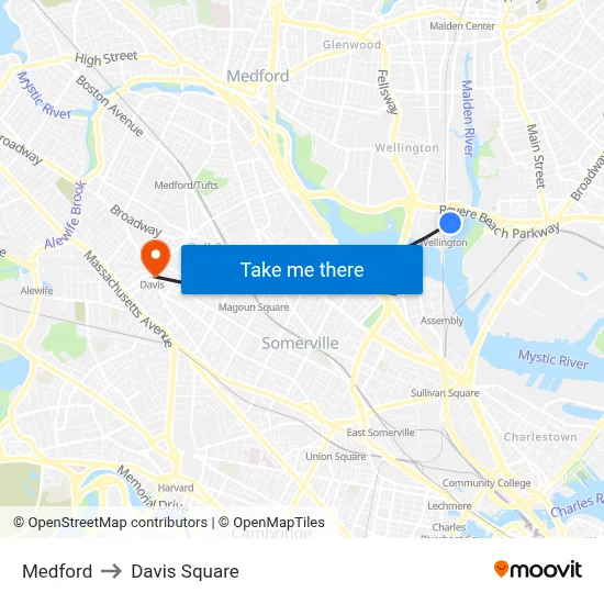 Medford to Davis Square map