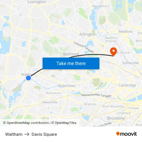 Waltham to Davis Square map