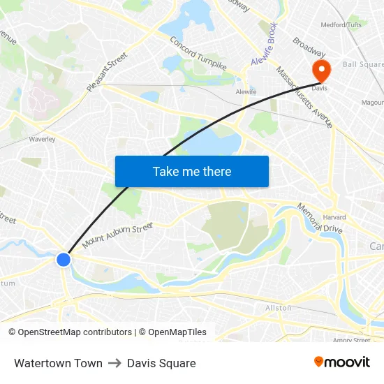 Watertown Town to Davis Square map