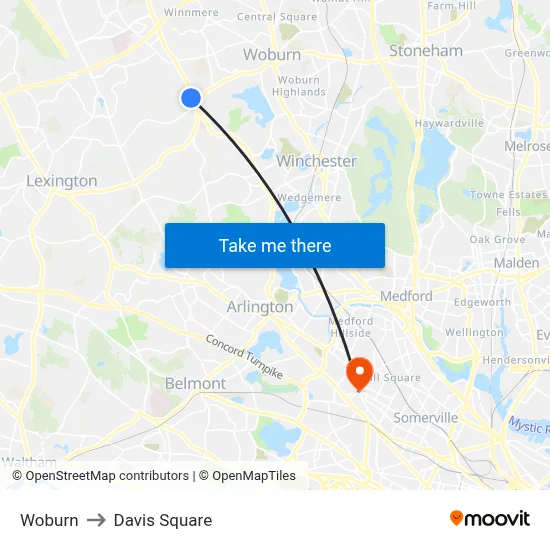Woburn to Davis Square map