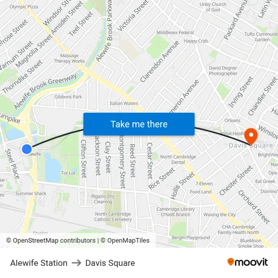 Alewife Station to Davis Square map