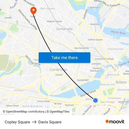 Copley Square to Davis Square map