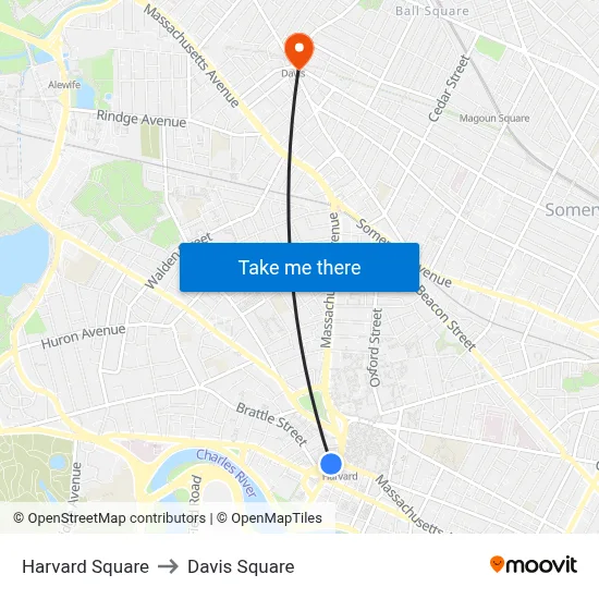 Harvard Square to Davis Square map
