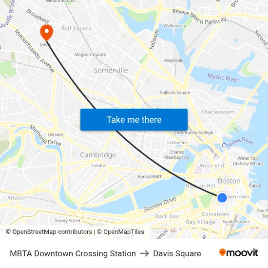 MBTA Downtown Crossing Station to Davis Square map