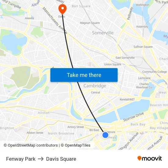 Fenway Park to Davis Square map
