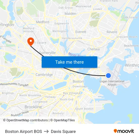 Boston Airport BOS to Davis Square map