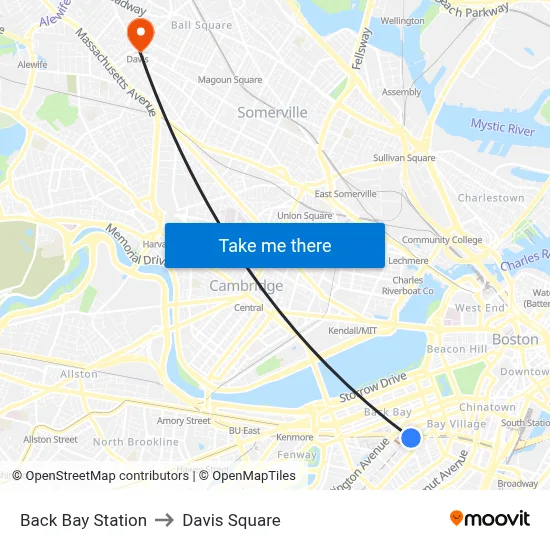Back Bay Station to Davis Square map