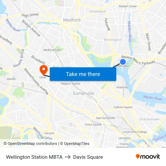 Wellington Station MBTA to Davis Square map