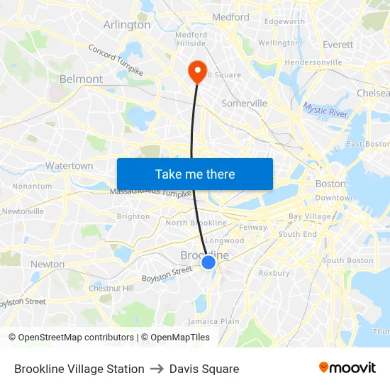 Brookline Village Station to Davis Square map