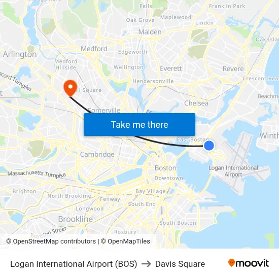 Logan International Airport (BOS) to Davis Square map