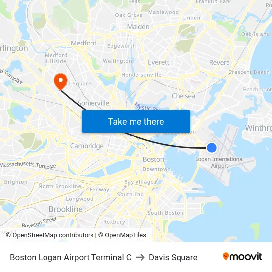 Boston Logan Airport Terminal C to Davis Square map