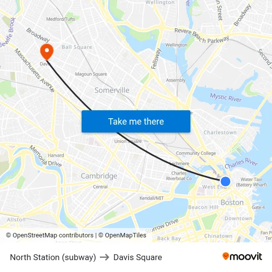 North Station (subway) to Davis Square map
