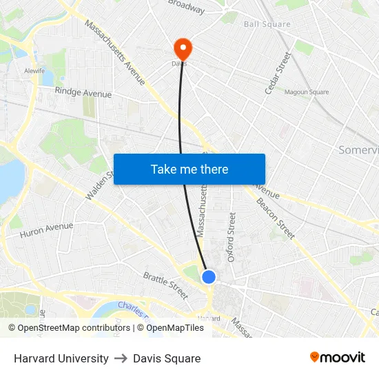 Harvard University to Davis Square map