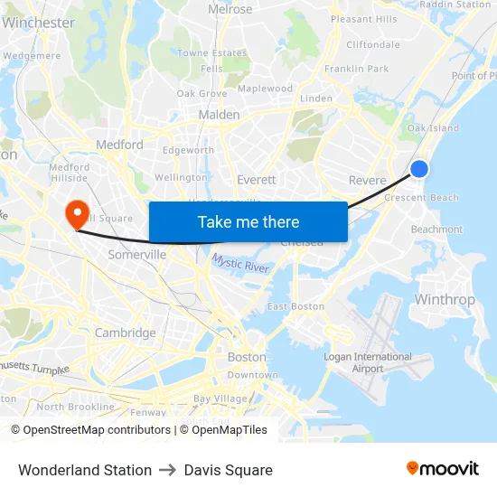 Wonderland Station, 1300 North Shore to Davis Square map