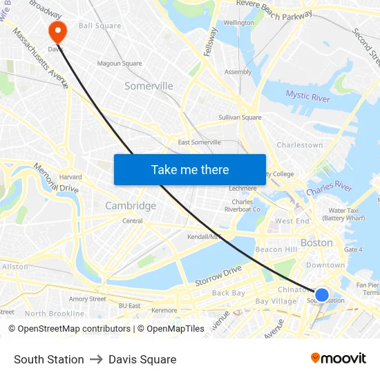 South Station to Davis Square map