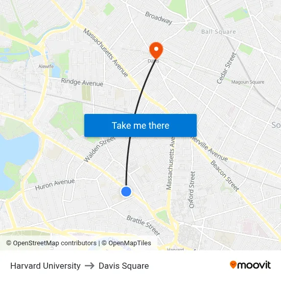 Harvard University to Davis Square map