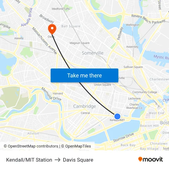 Kendall/MIT Station to Davis Square map