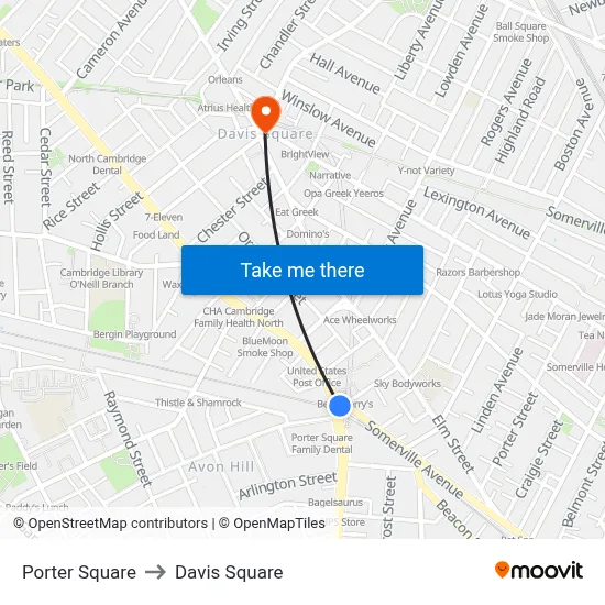 Porter Square to Davis Square map