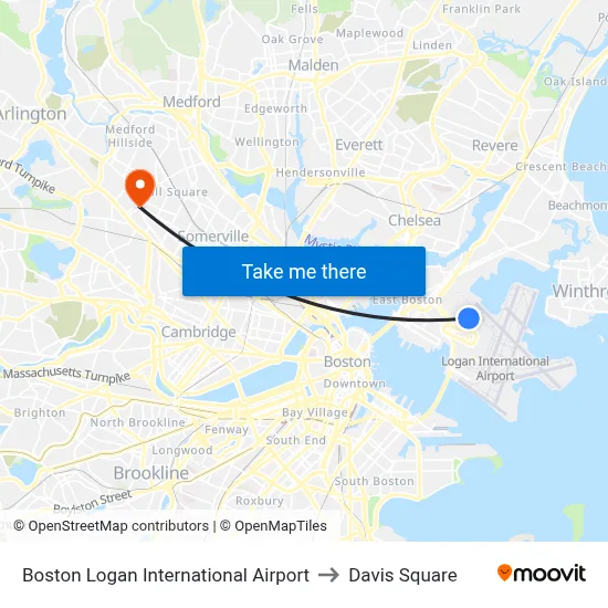 Boston Logan International Airport to Davis Square map