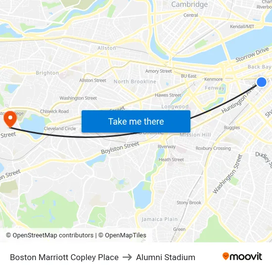 Boston Marriott Copley Place to Alumni Stadium map