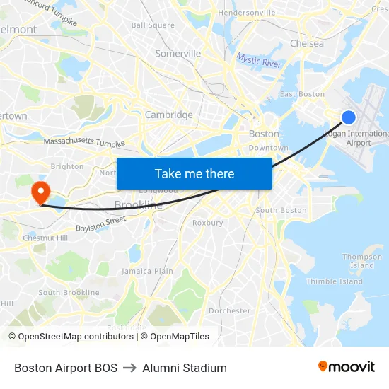 Boston Airport BOS to Alumni Stadium map
