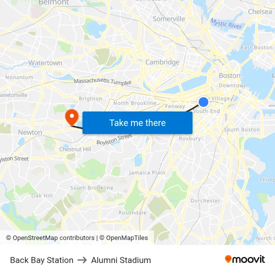 Back Bay Station to Alumni Stadium map