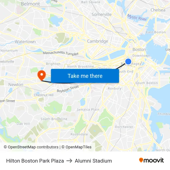 Hilton Boston Park Plaza to Alumni Stadium map