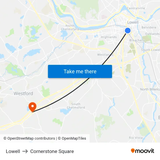 Lowell to Cornerstone Square map
