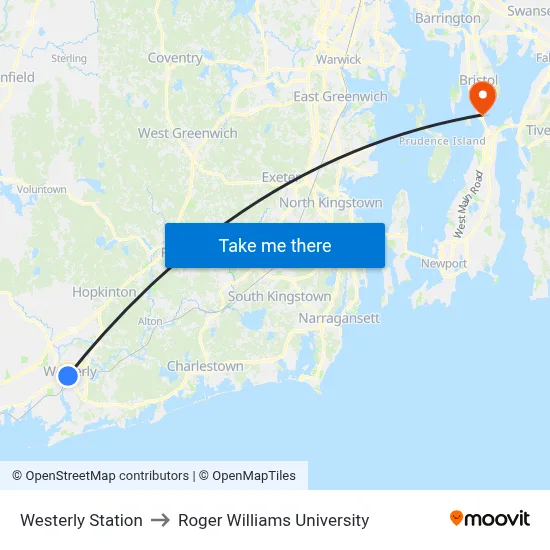 Westerly Station to Roger Williams University map