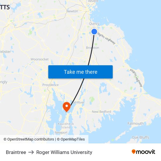 Braintree to Roger Williams University map