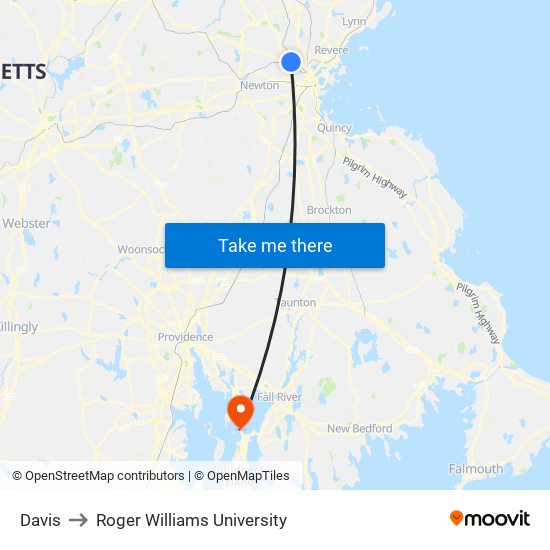 Davis to Roger Williams University map