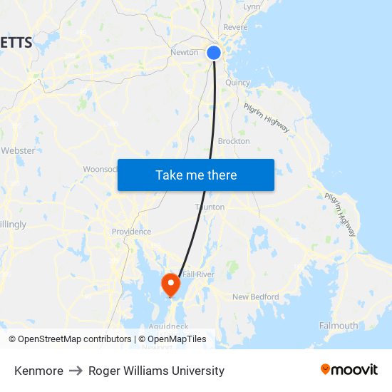 Kenmore to Roger Williams University map