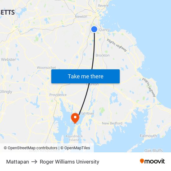 Mattapan to Roger Williams University map