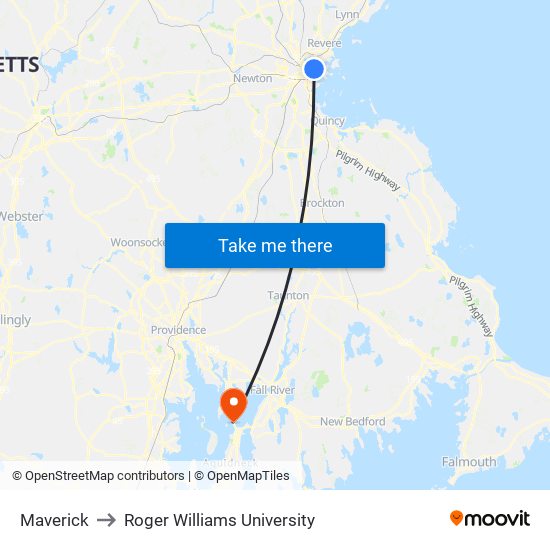 Maverick to Roger Williams University map