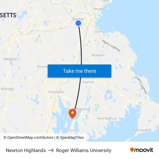 Newton Highlands to Roger Williams University map