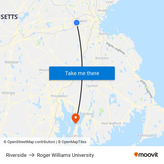 Riverside to Roger Williams University map