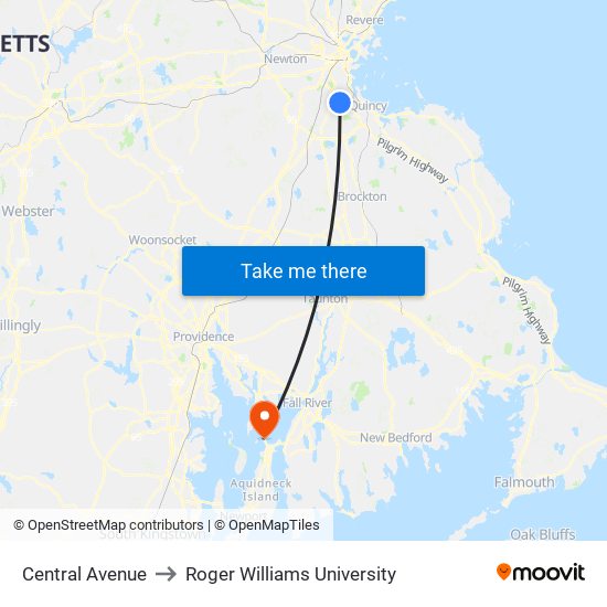 Central Avenue to Roger Williams University map