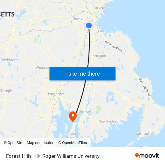 Forest Hills to Roger Williams University map