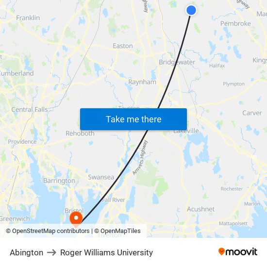 Abington to Roger Williams University map