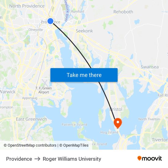 Providence to Roger Williams University map