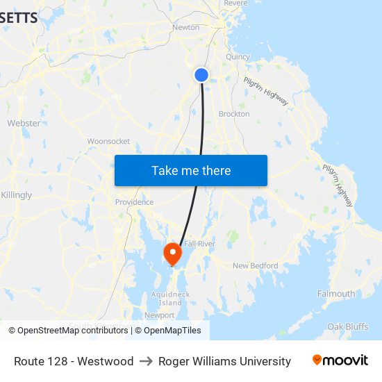 Route 128 - Westwood to Roger Williams University map