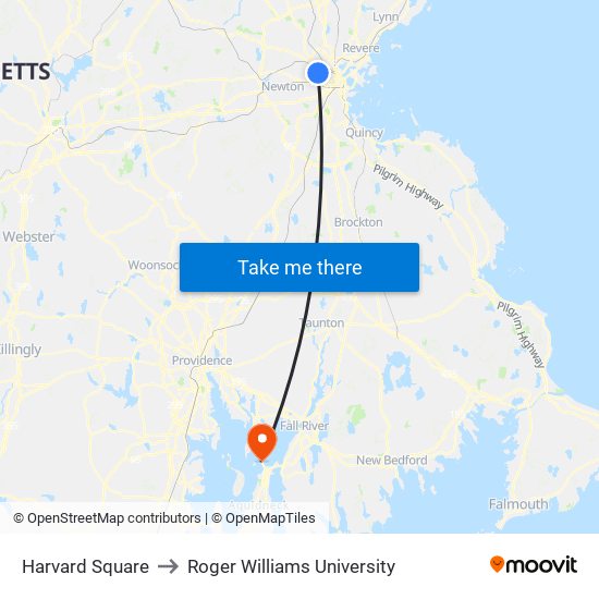 Harvard Square to Roger Williams University map