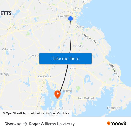 Riverway to Roger Williams University map