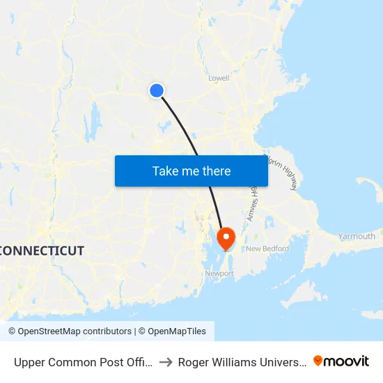 Upper Common Post Office to Roger Williams University map