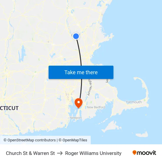 Church St & Warren St to Roger Williams University map