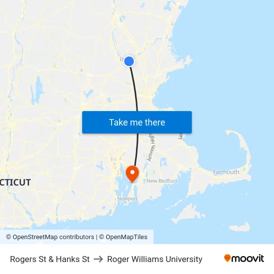 Rogers St & Hanks St to Roger Williams University map