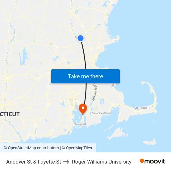 Andover St & Fayette St to Roger Williams University map