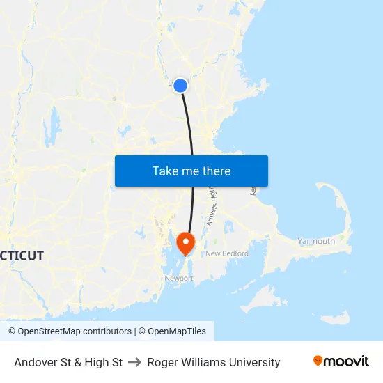 Andover St & High St to Roger Williams University map