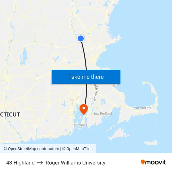 43 Highland to Roger Williams University map